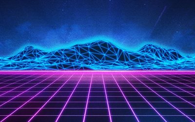 Neon dağ manzarası, neon ışık &#231;izgileri, mor kılavuz, elektro m&#252;zik, Synthpop, Retrowave