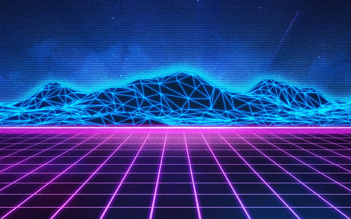 Neon mountain landscape, neon light lines, purple grid, electro music, Synthpop, Retrowave
