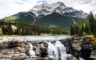 4k, Athabasca Falls, montanhas, canadense marcos, Jasper National Park, Alberta, Canada