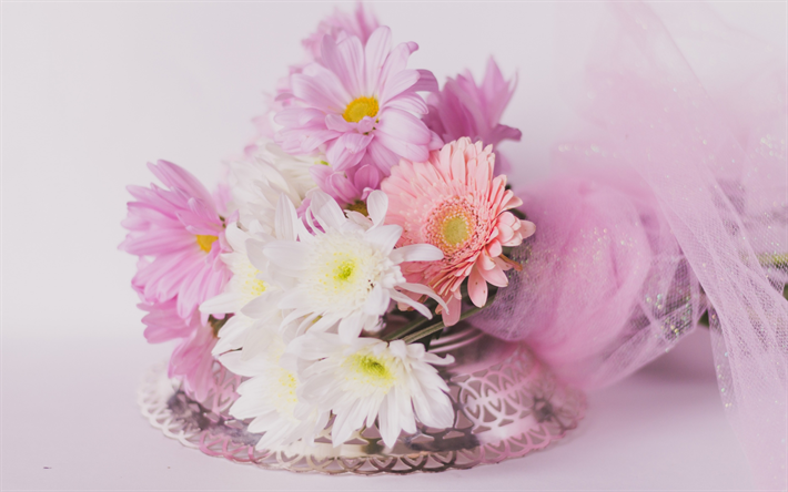 pink chrysanthemums, spring flowers, floral decoration, spring, bouquet of flowers