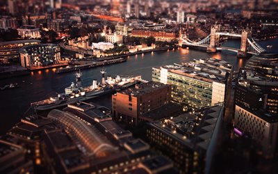 Londres, r&#237;o T&#225;mesis, el Puente de la Torre, tarde, noche, paisaje urbano, las luces de la ciudad, el HMS Belfast, el crucero ligero Brit&#225;nico