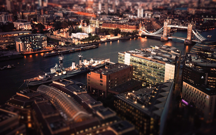 Londra, Thames Nehri, Tower Bridge, akşam, gece şehir, Şehir ışıkları, HMS Belfast, İngiliz hafif kruvaz&#246;r&#252;
