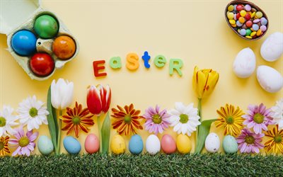 イースター, 月2018年, イースターの卵, gerberas, 菊, 春の花, 装飾