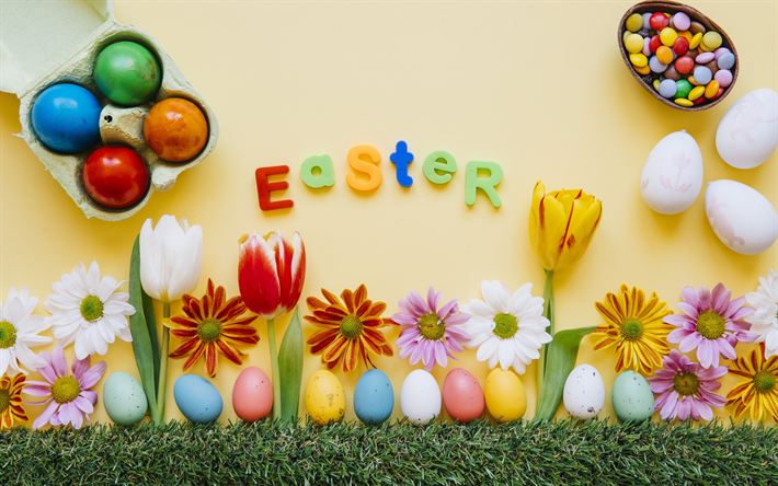La pascua, abril de 2018, huevos de Pascua, gerberas, crisantemos, flores de la primavera, decoraci&#243;n