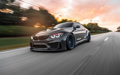 F82, BMW M4, stance, motion blur, 2018 cars, supercars, gray M4, BMW