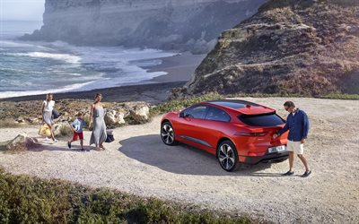 Jaguar I-Pace, 2018, 4K, compact crossover, new red I-Pace, all-wheel drive electro-SUV, electric car, family car, Jaguar