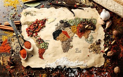 world map, 4k, continents, geography, spices, creative