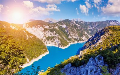 Lago Piva, 4k, montanhas, Piva Canyon, ver&#227;o, Montenegro, Europa