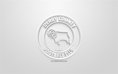Derby County FC, creative 3D logo, white background, 3d emblem, English football club, EFL Championship, Derby, England, United Kingdom, English Football League Championship, 3d art, football, 3d logo