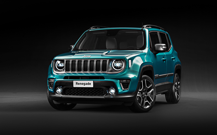 Jeep Renegade Limited, 2019, 4k, front view, exterior, new blue Renegade, american crossover, Jeep