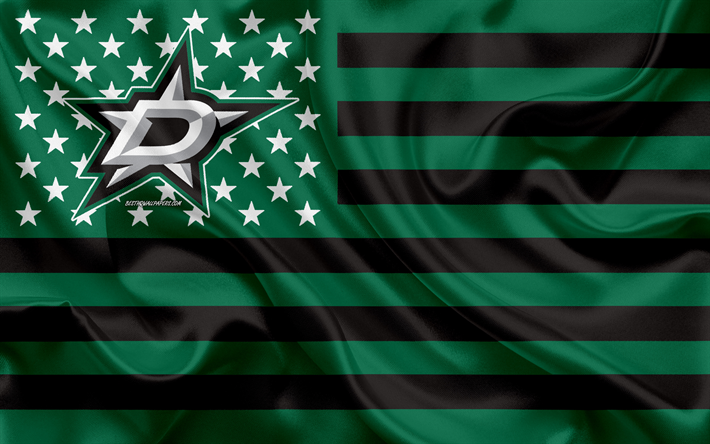 Dallas Stars, American hockey club, Amerikkalainen luova lippu, vihre&#228; musta lippu, NHL, Dallas, Texas, USA, logo, tunnus, silkki lippu, National Hockey League, j&#228;&#228;kiekko