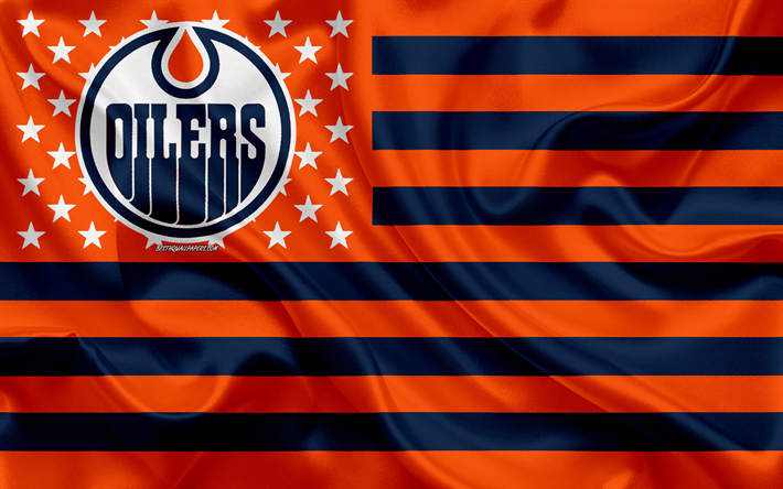Edmonton Oilers, Kanadalı hokey kul&#252;b&#252;, yaratıcı Amerikan bayrağı, turuncu siyah bayrak, NHL, Edmonton, Alberta, Kanada, ABD, logo, amblem, ipek bayrak, Ulusal Hokey Ligi, hokey