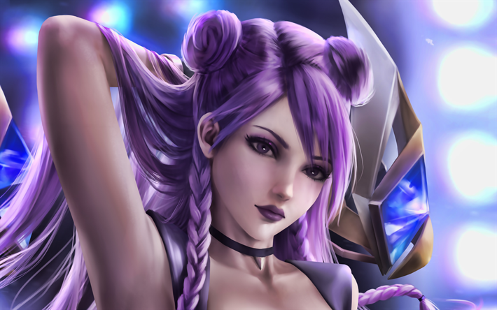 KaiSa, obras de arte, MOBA, League of Legends personajes, guerrero, una chica con cabello violeta, de la Liga de Leyendas