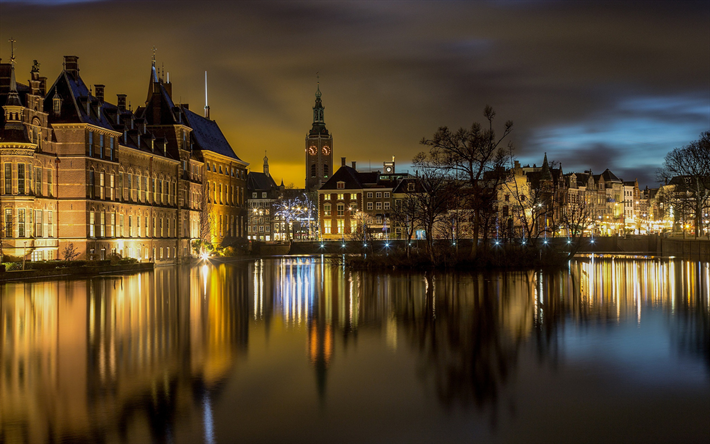 Binnenhof, La Haya, hermoso edificio, el lago, la tarde, la noche, las luces de la ciudad, lugar de inter&#233;s, pa&#237;ses Bajos