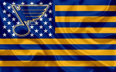 St Louis Blues, American hockey club, American creative flag, blue yellow flag, NHL, St Louis, Missouri, USA, logo, emblem, silk flag, National Hockey League, hockey