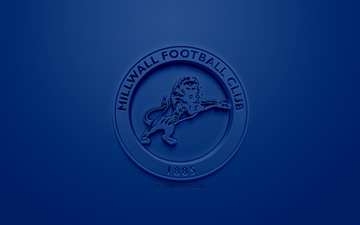 Millwall FC, creativo logo en 3D, fondo azul, 3d emblema, el club de f&#250;tbol ingl&#233;s, de ingl&#233;s como lengua extranjera Campeonato, South Bermondsey, Southwark, Inglaterra, Reino Unido, la Liga inglesa de Futbol de Campeonato, 3d, arte, f&#250