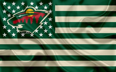 Minnesota Wild, American kul&#252;b&#252;, yaratıcı Amerikan bayrağı, yeşil bayrak, bej, NHL, St Paul, Minnesota, ABD, logo, amblem, ipek bayrak, Ulusal Hokey Ligi, hokey