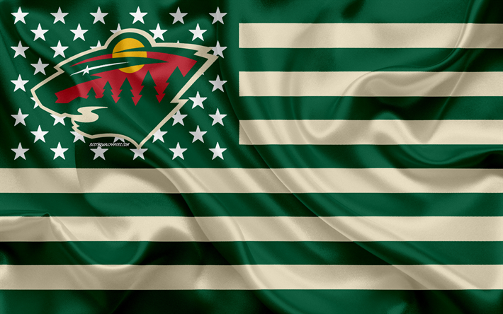 Minnesota Wild, American hockey club, Amerikkalainen luova lippu, vihre&#228; lippu beige, NHL, St Paul, Minnesota, USA, logo, tunnus, silkki lippu, National Hockey League, j&#228;&#228;kiekko