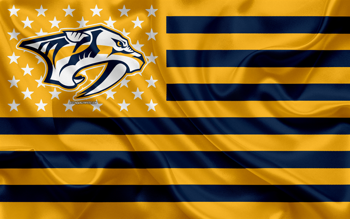 Nashville Predators, American hockey club, Amerikkalainen luova lippu, keltainen-sininen lippu, NHL, Nashville, Tennessee, USA, logo, tunnus, silkki lippu, National Hockey League, j&#228;&#228;kiekko