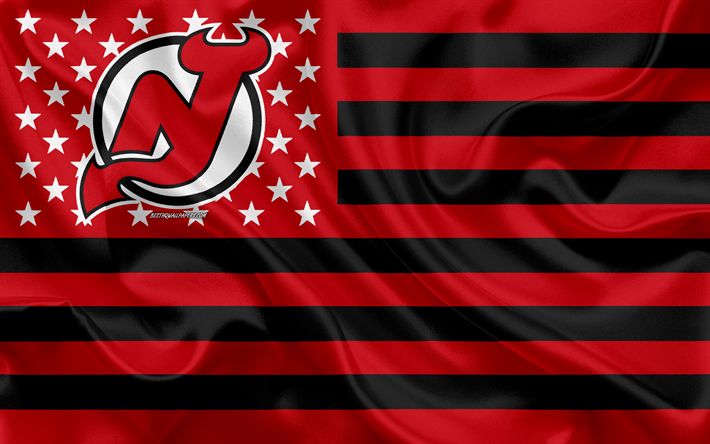 New Jersey Devils, American hockey club, Amerikkalainen luova lippu, punainen musta lippu, NHL, Newark, New Jersey, USA, logo, tunnus, silkki lippu, National Hockey League, j&#228;&#228;kiekko