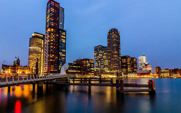 Rotterdam, por la noche, modernos edificios, paisaje urbano, pa&#237;ses Bajos