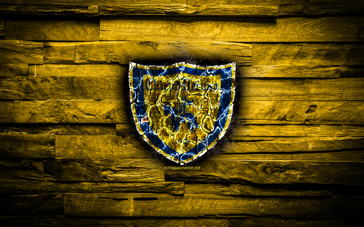 Chievo Verona FC, tulinen logo, Serie, keltainen puinen tausta, italian football club, grunge, AC Chievo Verona, jalkapallo, Chievo Verona logo, palo-rakenne, Italia