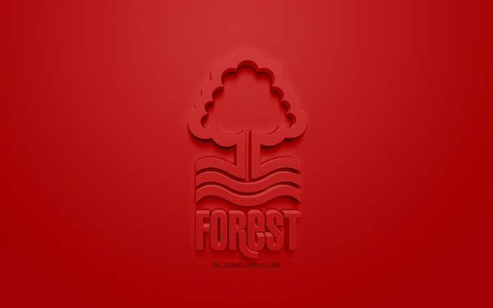 Nottingham Forest FC, yaratıcı 3D logo, kırmızı bir arka plan, 3d amblemi, İngiliz Futbol Kul&#252;b&#252;, HAZIRLIK Championship, Nottingham, İngiltere, İngiltere Futbol Ligi Şampiyonası, 3d sanat, futbol, 3d logo