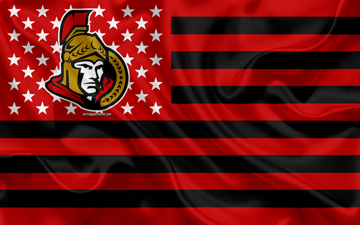 Ottawa Senat&#246;rler, Kanadalı hokey kul&#252;b&#252;, yaratıcı Amerikan bayrağı, kırmızı siyah bayrak, NHL, Ottawa, Kanada, ABD, logo, amblem, ipek bayrak, Ulusal Hokey Ligi, hokey