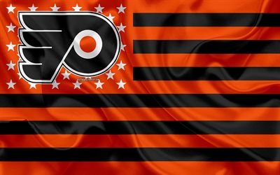 Philadelphia Flyers, American hockey club, American creative flag, orange black flag, NHL, Philadelphia, Pennsylvania, USA, logo, emblem, silk flag, National Hockey League, hockey