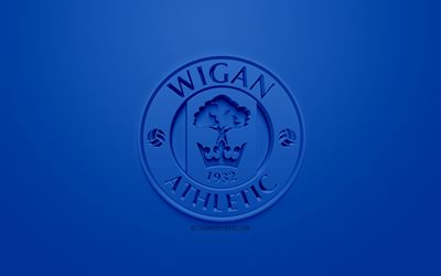 Wigan Athletic FC, creative 3D logo, blue background, 3d emblem, English football club, EFL Championship, Wigan, England, United Kingdom, English Football League Championship, 3d art, football, 3d logo