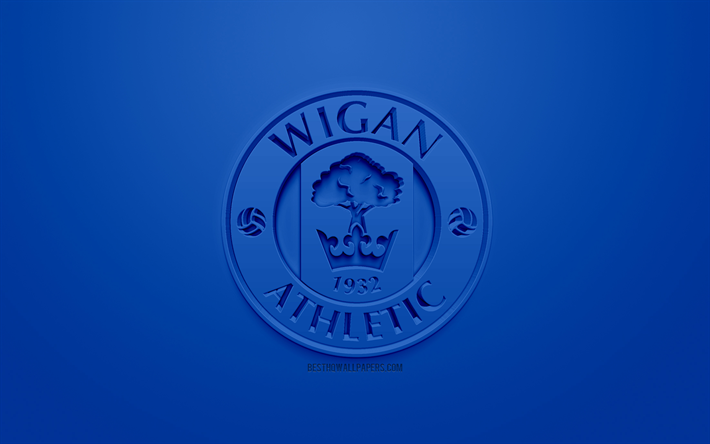 Wigan Athletic FC, cr&#233;atrice du logo 3D, fond bleu, 3d embl&#232;me, club de football anglais, EFL Championnat, Wigan, Angleterre, Royaume-Uni, de la Ligue anglaise de Football du Championnat, art 3d, le football, le logo 3d