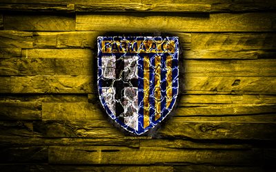 Parma FC, fiery logo, Serie A, yellow wooden background, italian football club, grunge, Parma AC, football, soccer, Parma logo, fire texture, Italy