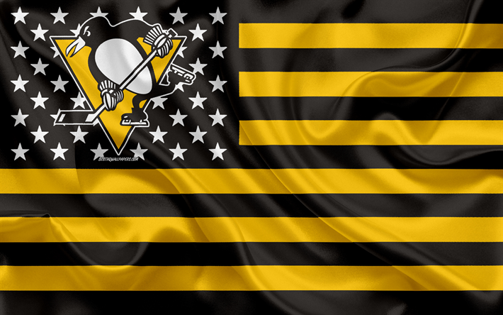Pittsburgh Penguins, Americana de h&#243;quei clube, American criativo bandeira, amarelo-a bandeira preta, NHL, Pittsburgh, Pensilv&#226;nia, EUA, logo, emblema, seda bandeira, Liga Nacional De H&#243;quei, H&#243;quei