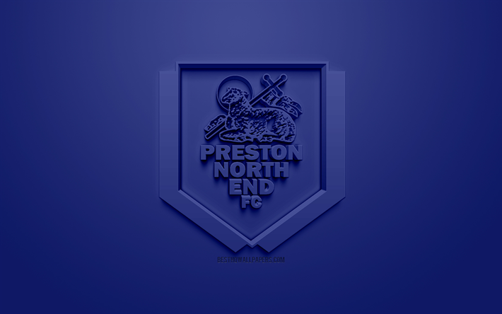 بريستون نورث إند FC, الإبداعية شعار 3D, خلفية زرقاء, 3d شعار, الإنجليزية لكرة القدم, EFL البطولة, بريستون, إنجلترا, المملكة المتحدة, الإنجليزية لكرة القدم بطولة الدوري, الفن 3d, كرة القدم, شعار 3d