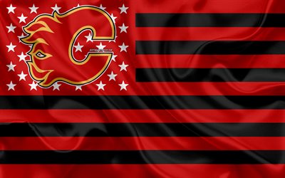 Calgary Flames, Canadian hockey club, American creative flag, red, black flag, NHL, Calgary, Alberta, Canada, USA, logo, emblem, silk flag, National Hockey League, Hockey