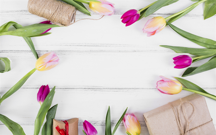 frame of tulips, light wooden background, white wooden texture, flower frame, tulips, spring flowers