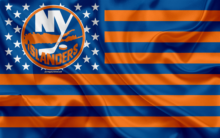 New York Islanders, Amerikan hokey kul&#252;b&#252;, yaratıcı Amerikan bayrağı, turuncu, mavi bayrak, NHL, New York, ABD, logo, amblem, ipek bayrak, Ulusal Hokey Ligi, hokey