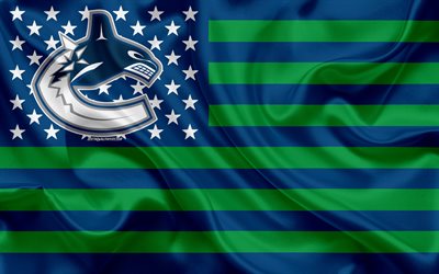 Vancouver Canucks, Canadian hockey club, American creative flag, blue green flag, NHL, Vancouver, British Columbia, Canada, USA, logo, emblem, silk flag, National Hockey League, hockey