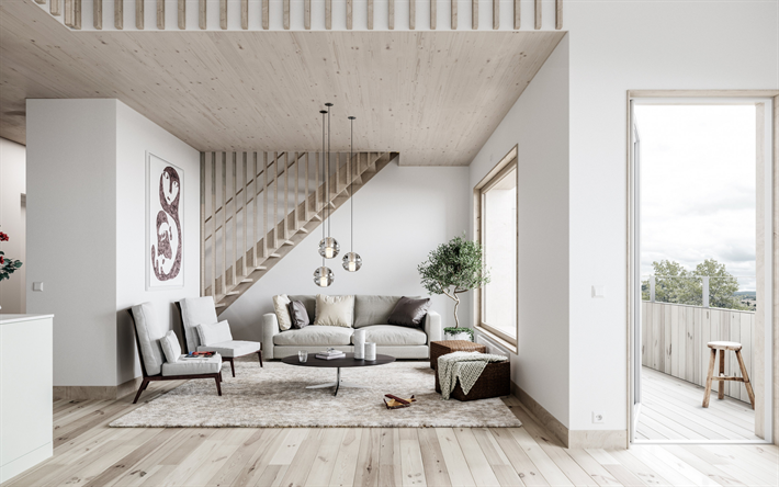 stylish interior of the living room, white walls, light wooden ceiling, Scandinavian style, modern interior design