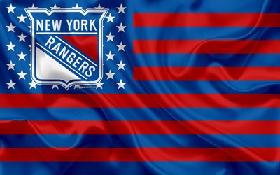 New York Rangers, American hockey club, American creative flag, red blue flag, NHL, New York, USA, logo, emblem, silk flag, National Hockey League, hockey