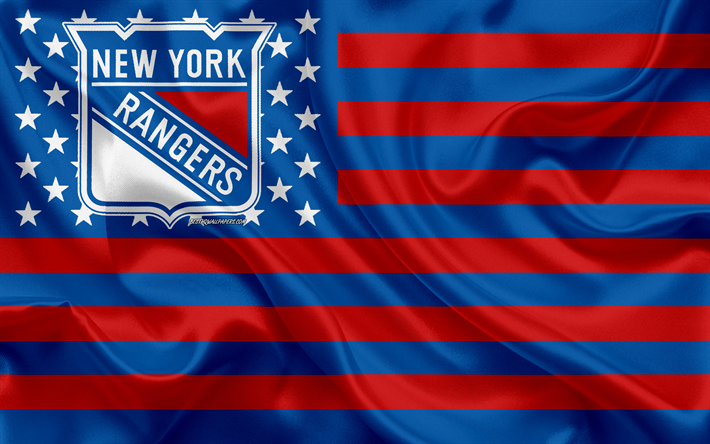 New York Rangers, Americana de h&#243;quei clube, American criativo bandeira, vermelho bandeira azul, NHL, Nova York, EUA, logo, emblema, seda bandeira, Liga Nacional De H&#243;quei, h&#243;quei