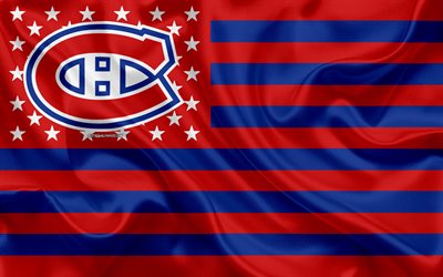 Montreal Canadiens, Canadian hockey club, american flag, red flag, NHL, Quebec, Montreal, Canada, USA, logo, emblem, silk flag, National Hockey League, hockey