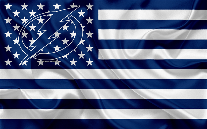Tampa Bay Lightning, Amerikan hokey kul&#252;b&#252;, yaratıcı Amerikan bayrağı, mavi beyaz bayrak, NHL, Florida, ABD, logo, amblem, ipek bayrak, Ulusal Hokey Ligi, hokey