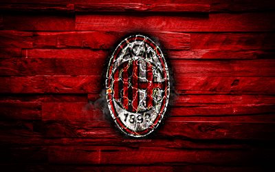 Milan FC, fiery logo, Serie A, red wooden background, italian football club, grunge, AC Milan, football, soccer, Milan logo, fire texture, Italy