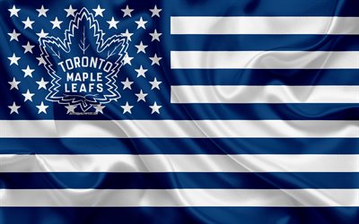 Toronto Maple Leafs, Canadian hockey club, American creative flag, white blue flag, NHL, Ontario, Canada, USA, logo, emblem, silk flag, National Hockey League, hockey