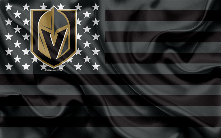 Vegas Golden Knights, American hockey club, American creativo, bandiera, nero, marrone bandiera, NHL, Paradiso, Nevada, USA, logo, stemma, bandiera di seta, National Hockey League, hockey
