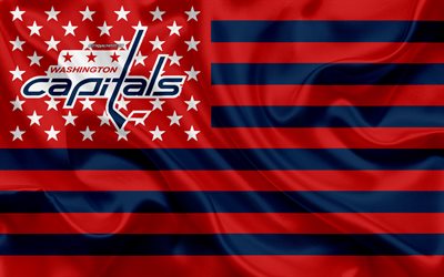 Washington Capitals, American hockey club, Amerikansk kreativa flagga, röd blå flagg, NHL, Washington, USA, logotyp, emblem, silk flag, National Hockey League, hockey