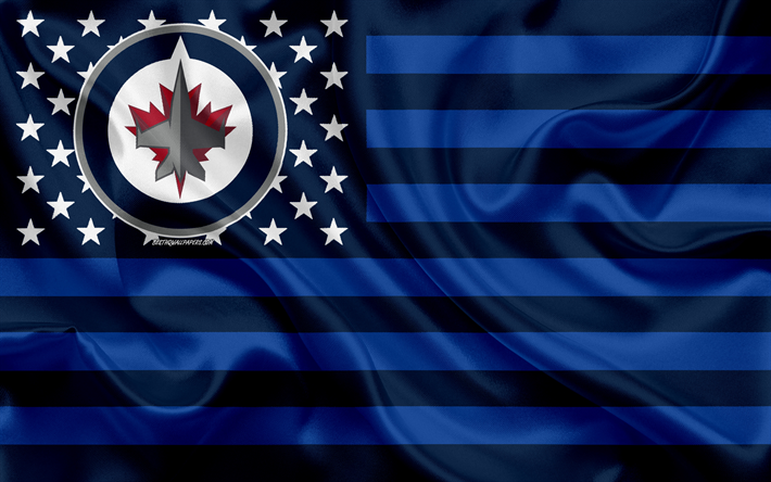 winnipeg jets, die kanadischen eishockey club, american creative flag, blue flag, nhl, winnipeg, manitoba, kanada, usa, logo, emblem, seidene fahne, national hockey league, hockey