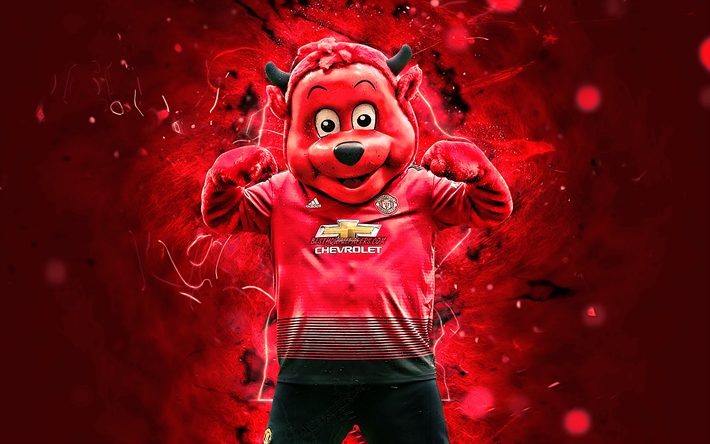 Fred the Red, mascot, Red Devil, Manchester United FC, abstract art, Premier League, english football club, Biriba mascot, creative, Man United, official mascot, neon lights, Manchester United mascot