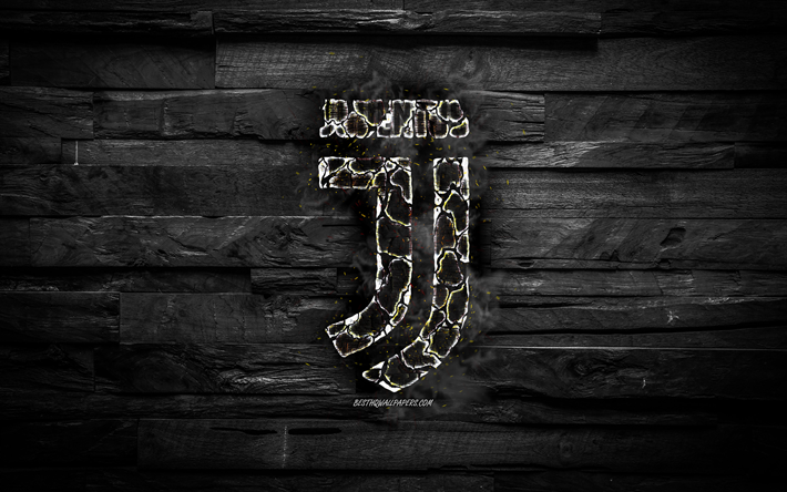 Juventus FC, fiery logo, Serie A, black wooden background, italian football club, grunge, Juventus, football, soccer, Juventus logo, fire texture, Italy